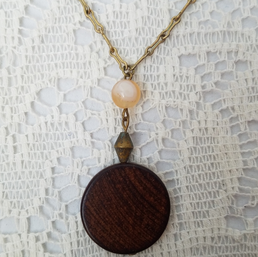 Vintage 1960s Vogue Boho Wood Semiprecious Gemstone Gold Brass Tone Necklace